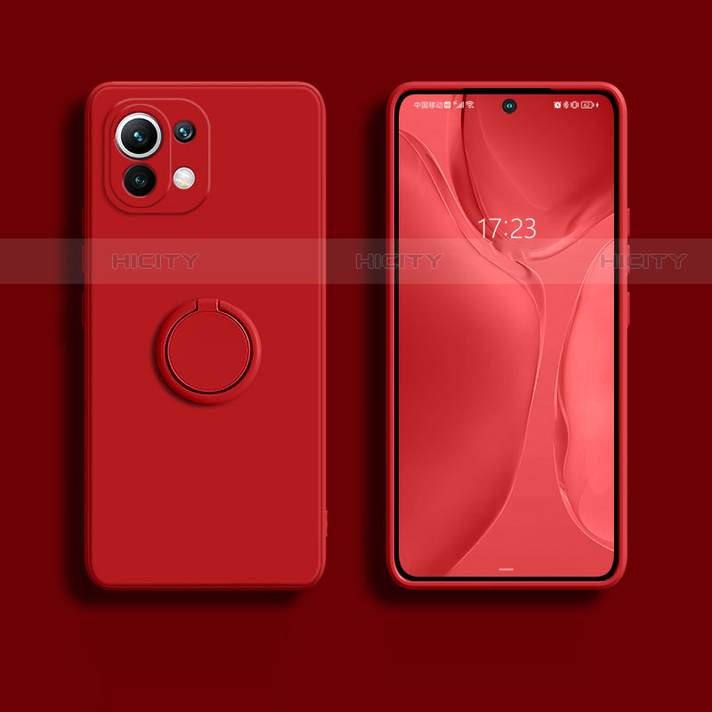 Funda Silicona Carcasa Ultrafina Goma con Magnetico Anillo de dedo Soporte T02 para Xiaomi Mi 11 5G Rojo