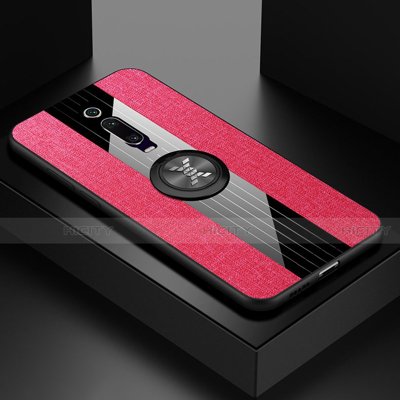 Funda Silicona Carcasa Ultrafina Goma con Magnetico Anillo de dedo Soporte T02 para Xiaomi Mi 9T Pro Rosa Roja