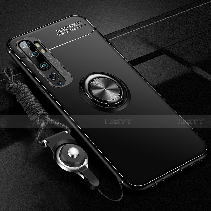 Funda Silicona Carcasa Ultrafina Goma con Magnetico Anillo de dedo Soporte T02 para Xiaomi Mi Note 10 Negro