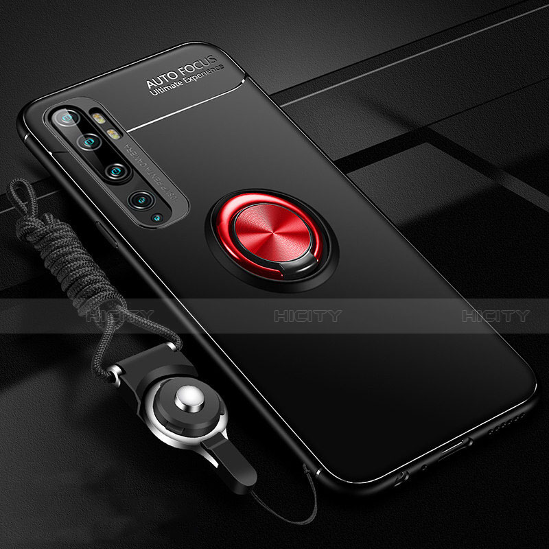 Funda Silicona Carcasa Ultrafina Goma con Magnetico Anillo de dedo Soporte T02 para Xiaomi Mi Note 10 Rojo y Negro