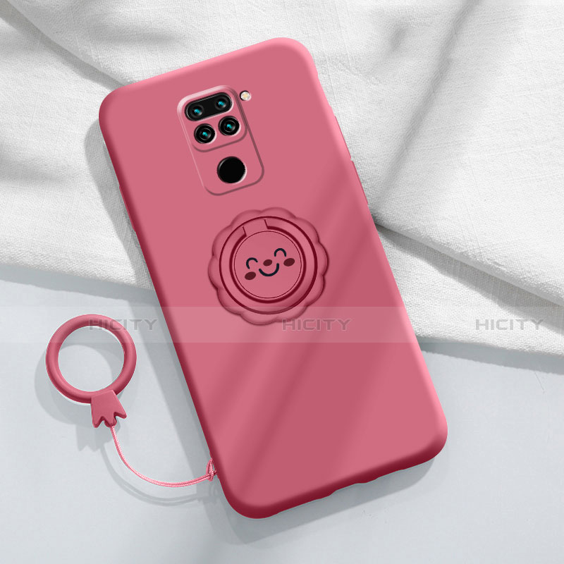 Funda Silicona Carcasa Ultrafina Goma con Magnetico Anillo de dedo Soporte T02 para Xiaomi Redmi Note 9 Rojo Rosa