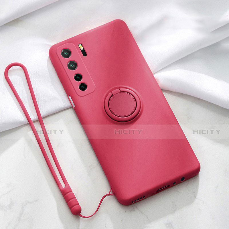 Funda Silicona Carcasa Ultrafina Goma con Magnetico Anillo de dedo Soporte T03 para Huawei Nova 7 SE 5G Rojo Rosa