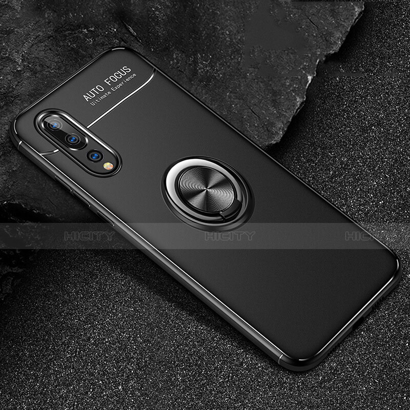 Funda Silicona Carcasa Ultrafina Goma con Magnetico Anillo de dedo Soporte T03 para Huawei P20 Pro Negro