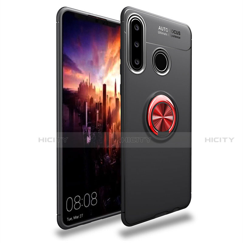 Funda Silicona Carcasa Ultrafina Goma con Magnetico Anillo de dedo Soporte T03 para Huawei P30 Lite New Edition Rojo y Negro