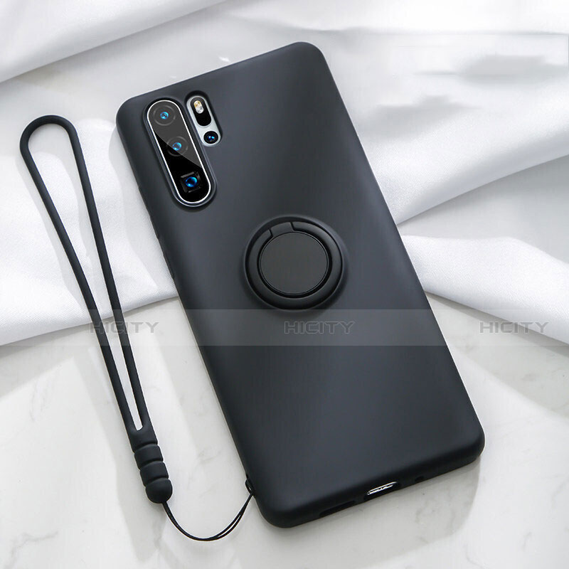 Funda Silicona Carcasa Ultrafina Goma con Magnetico Anillo de dedo Soporte T03 para Huawei P30 Pro New Edition Negro