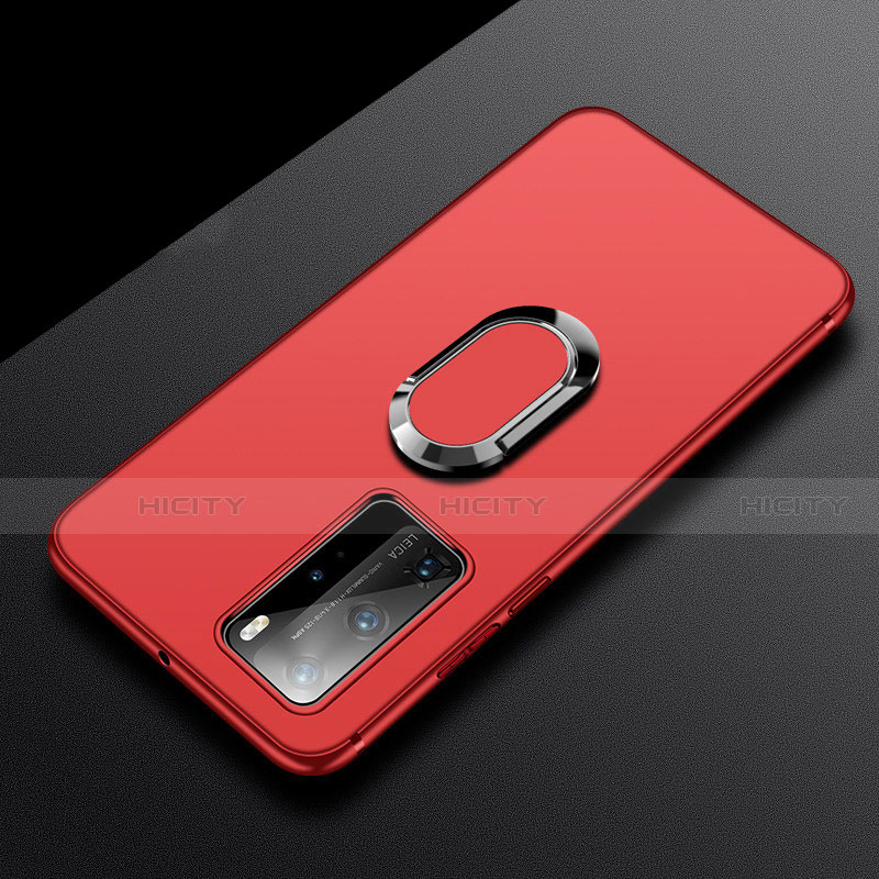 Funda Silicona Carcasa Ultrafina Goma con Magnetico Anillo de dedo Soporte T03 para Huawei P40 Pro Rojo