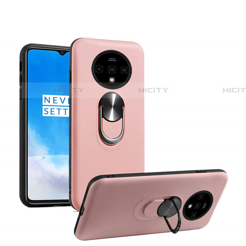 Funda Silicona Carcasa Ultrafina Goma con Magnetico Anillo de dedo Soporte T03 para OnePlus 7T Oro Rosa