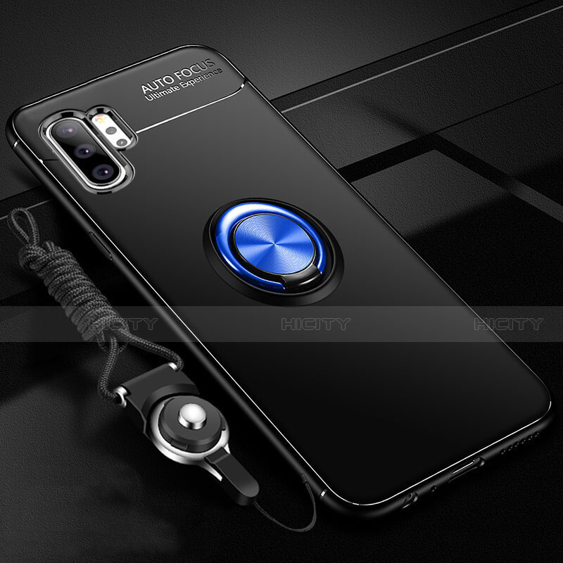 Funda Silicona Carcasa Ultrafina Goma con Magnetico Anillo de dedo Soporte T03 para Samsung Galaxy Note 10 Plus Azul y Negro