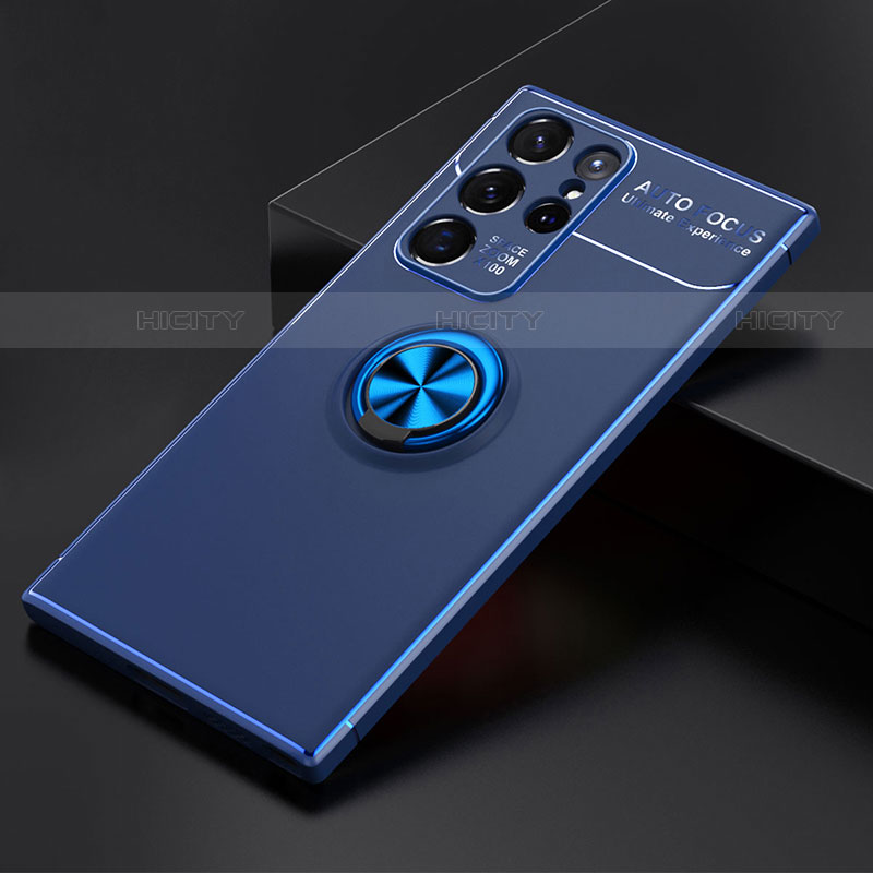 Funda Silicona Carcasa Ultrafina Goma con Magnetico Anillo de dedo Soporte T03 para Samsung Galaxy S22 Ultra 5G Azul