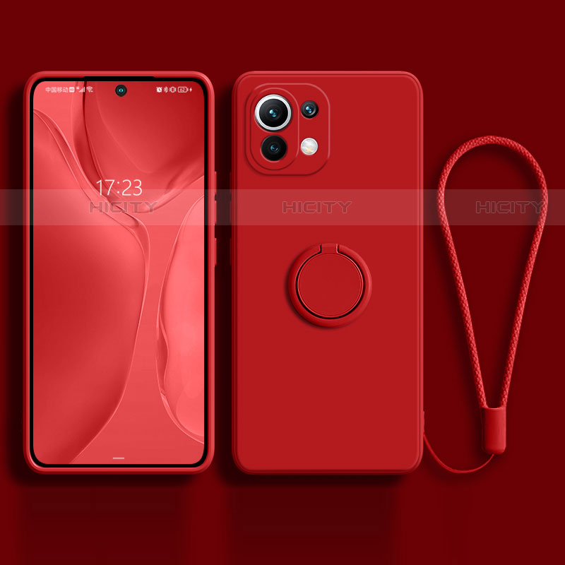 Funda Silicona Carcasa Ultrafina Goma con Magnetico Anillo de dedo Soporte T03 para Xiaomi Mi 11 5G Rojo