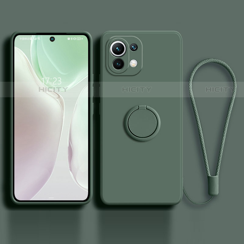 Funda Silicona Carcasa Ultrafina Goma con Magnetico Anillo de dedo Soporte T03 para Xiaomi Mi 11 5G Verde