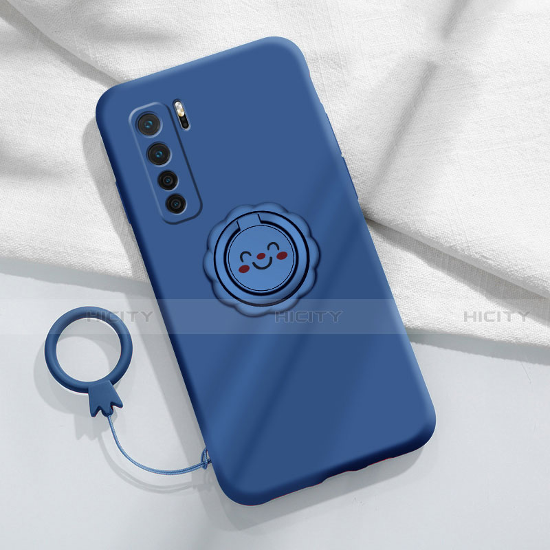 Funda Silicona Carcasa Ultrafina Goma con Magnetico Anillo de dedo Soporte T04 para Huawei Nova 7 SE 5G Azul