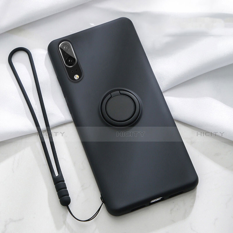 Funda Silicona Carcasa Ultrafina Goma con Magnetico Anillo de dedo Soporte T04 para Huawei P20 Negro