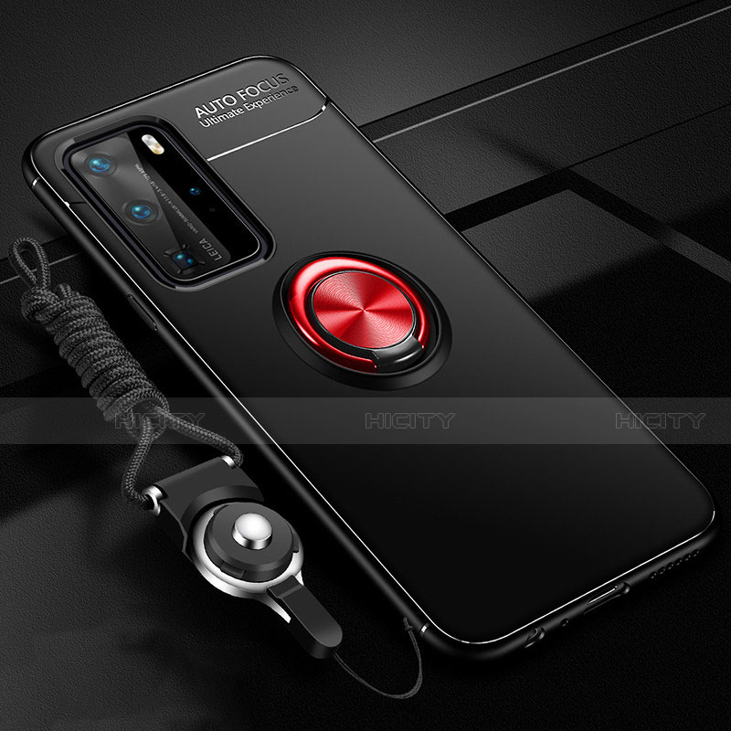 Funda Silicona Carcasa Ultrafina Goma con Magnetico Anillo de dedo Soporte T04 para Huawei P40 Pro Rojo y Negro
