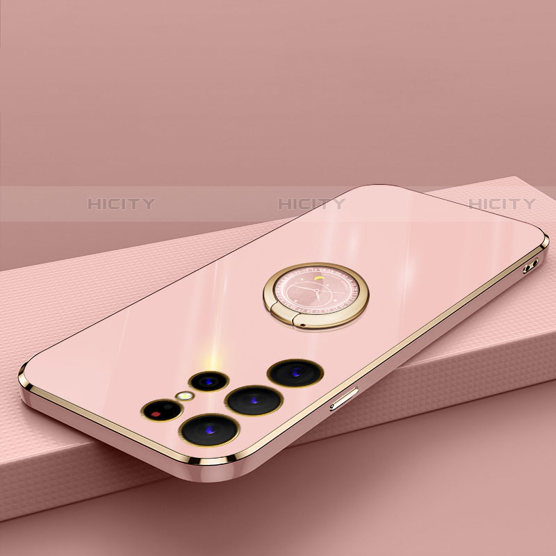 Funda Silicona Carcasa Ultrafina Goma con Magnetico Anillo de dedo Soporte T04 para Samsung Galaxy S21 Ultra 5G Oro Rosa