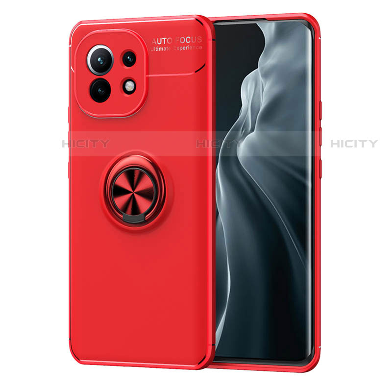 Funda Silicona Carcasa Ultrafina Goma con Magnetico Anillo de dedo Soporte T04 para Xiaomi Mi 11 5G Rojo