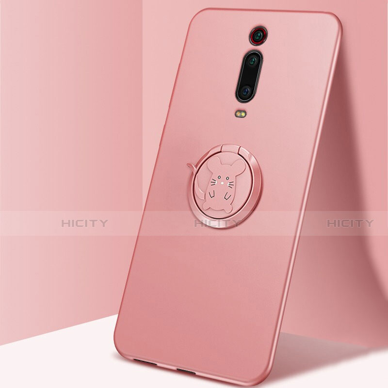 Funda Silicona Carcasa Ultrafina Goma con Magnetico Anillo de dedo Soporte T04 para Xiaomi Mi 9T Pro Rosa