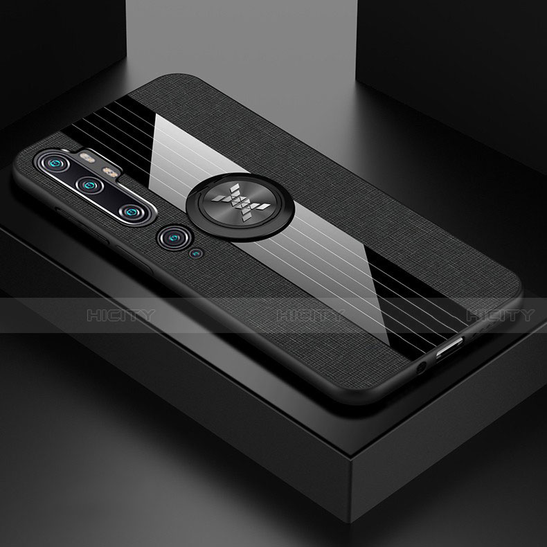 Funda Silicona Carcasa Ultrafina Goma con Magnetico Anillo de dedo Soporte T04 para Xiaomi Mi Note 10 Negro