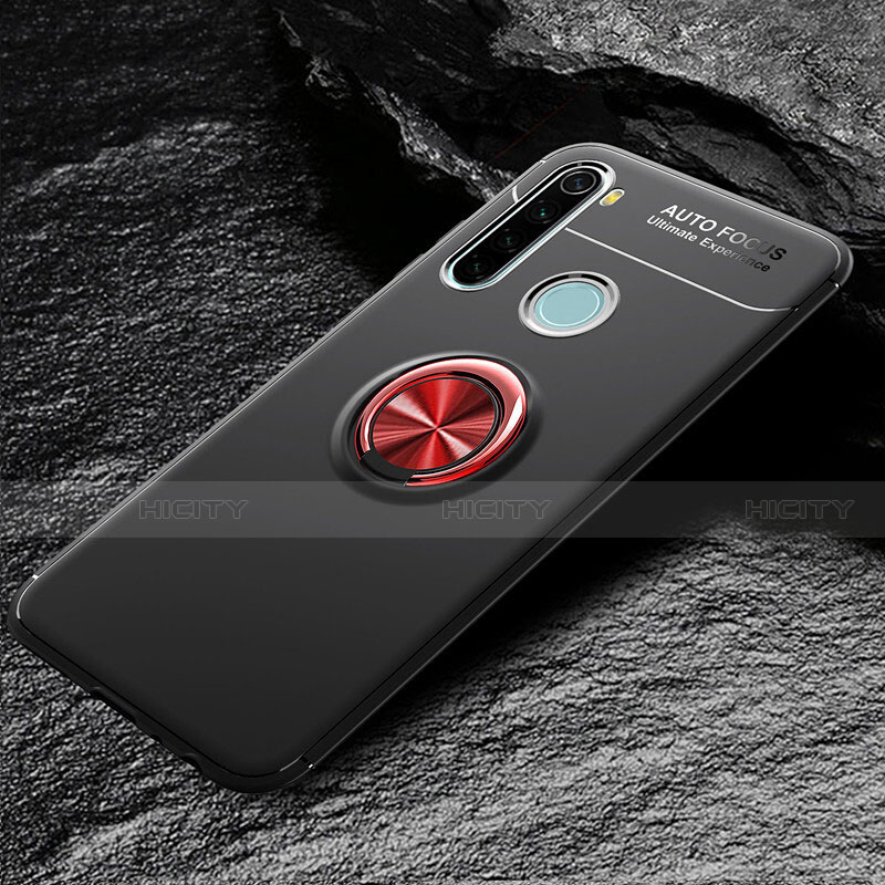 Funda Silicona Carcasa Ultrafina Goma con Magnetico Anillo de dedo Soporte T04 para Xiaomi Redmi Note 8 (2021) Rojo y Negro