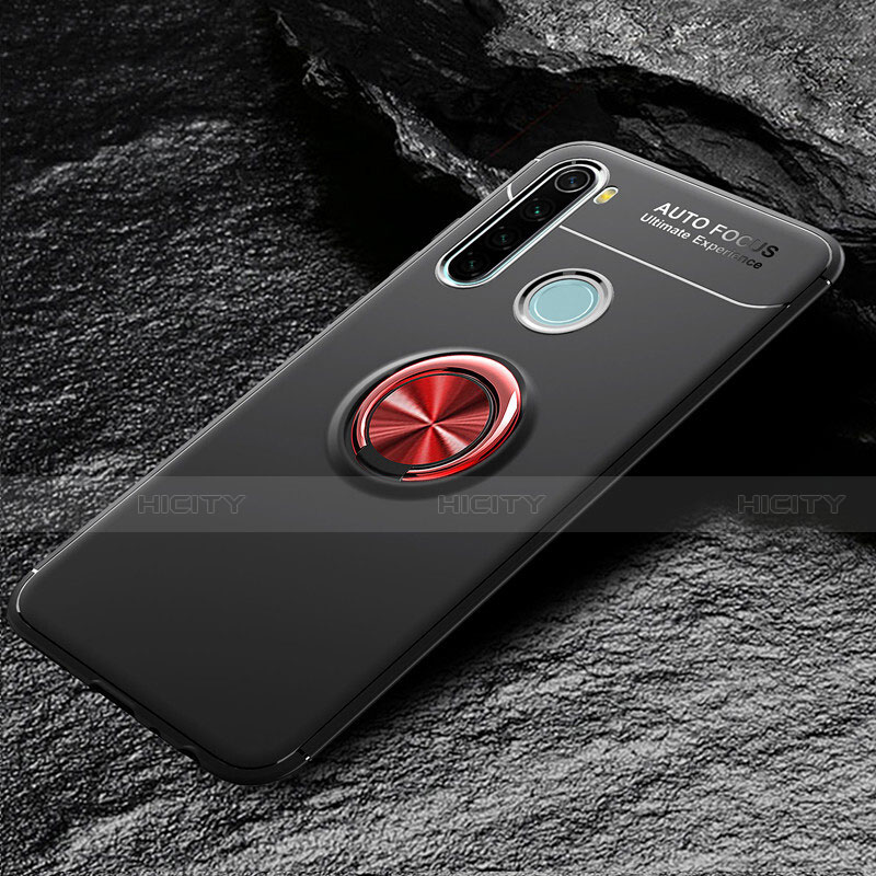 Funda Silicona Carcasa Ultrafina Goma con Magnetico Anillo de dedo Soporte T04 para Xiaomi Redmi Note 8T Rojo y Negro