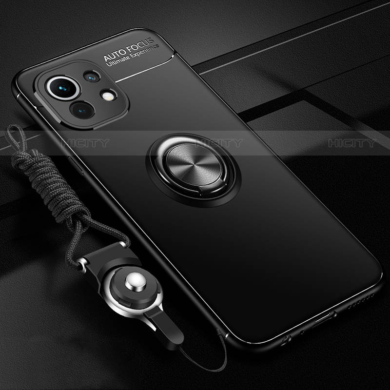 Funda Silicona Carcasa Ultrafina Goma con Magnetico Anillo de dedo Soporte T05 para Xiaomi Mi 11 5G Negro