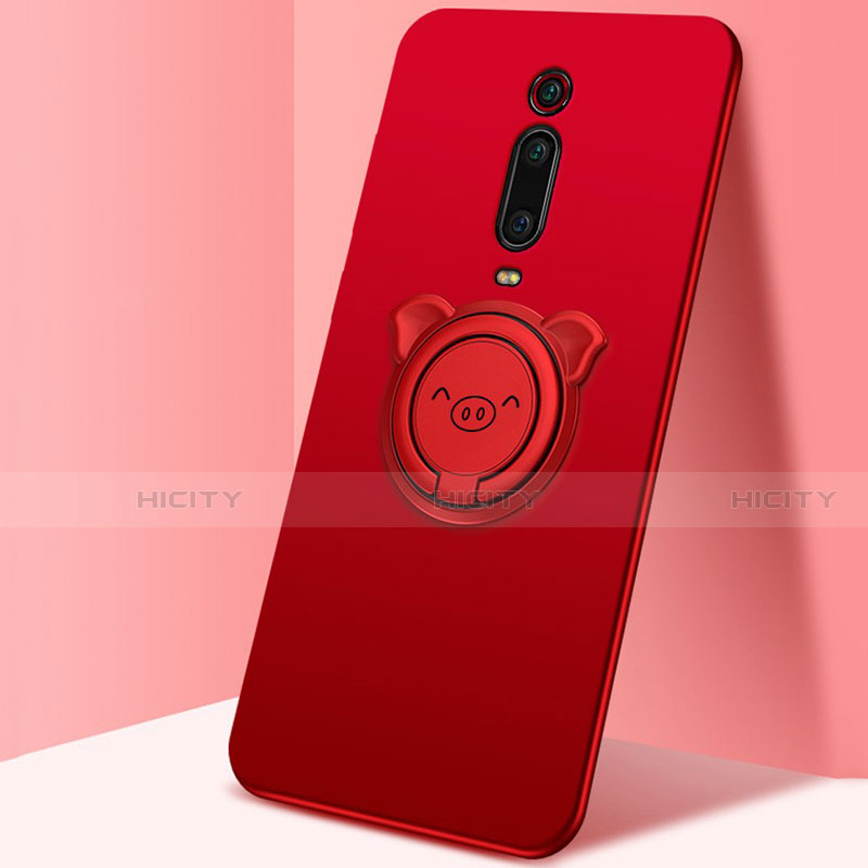 Funda Silicona Carcasa Ultrafina Goma con Magnetico Anillo de dedo Soporte T05 para Xiaomi Mi 9T Pro Rojo