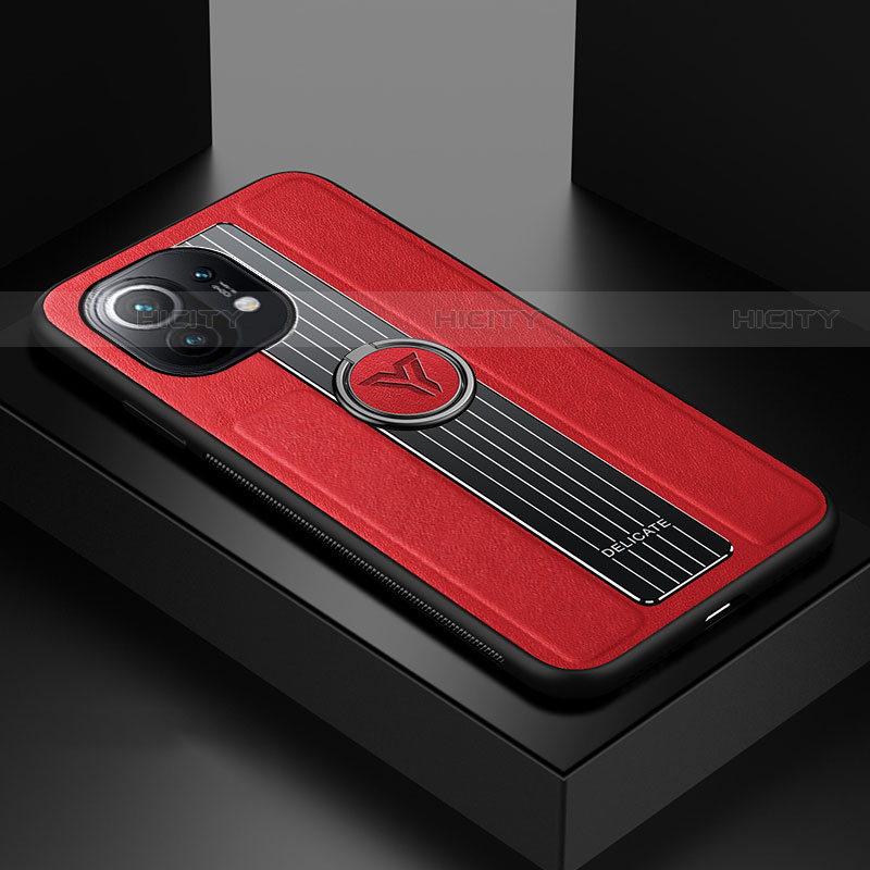 Funda Silicona Carcasa Ultrafina Goma con Magnetico Anillo de dedo Soporte T06 para Xiaomi Mi 11 5G Rojo