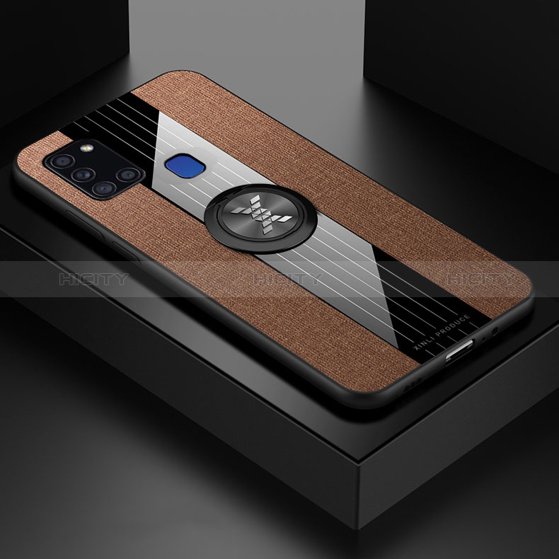 Funda Silicona Carcasa Ultrafina Goma con Magnetico Anillo de dedo Soporte X01L para Samsung Galaxy A21s Marron