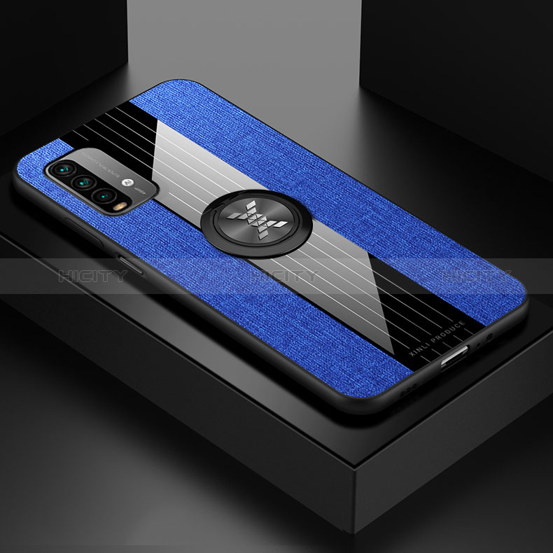 Funda Silicona Carcasa Ultrafina Goma con Magnetico Anillo de dedo Soporte X01L para Xiaomi Redmi 9T 4G Azul