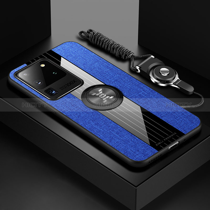 Funda Silicona Carcasa Ultrafina Goma con Magnetico Anillo de dedo Soporte X03L para Samsung Galaxy S20 Ultra 5G Azul