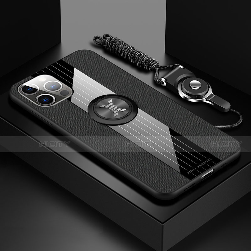 Funda Silicona Carcasa Ultrafina Goma con Magnetico Anillo de dedo Soporte Z01 para Apple iPhone 13 Pro Negro