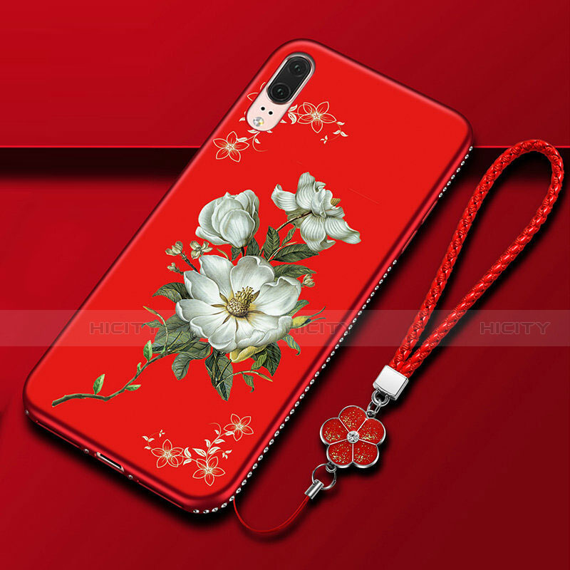 Funda Silicona Gel Goma Flores Carcasa K03 para Huawei P20 Rojo