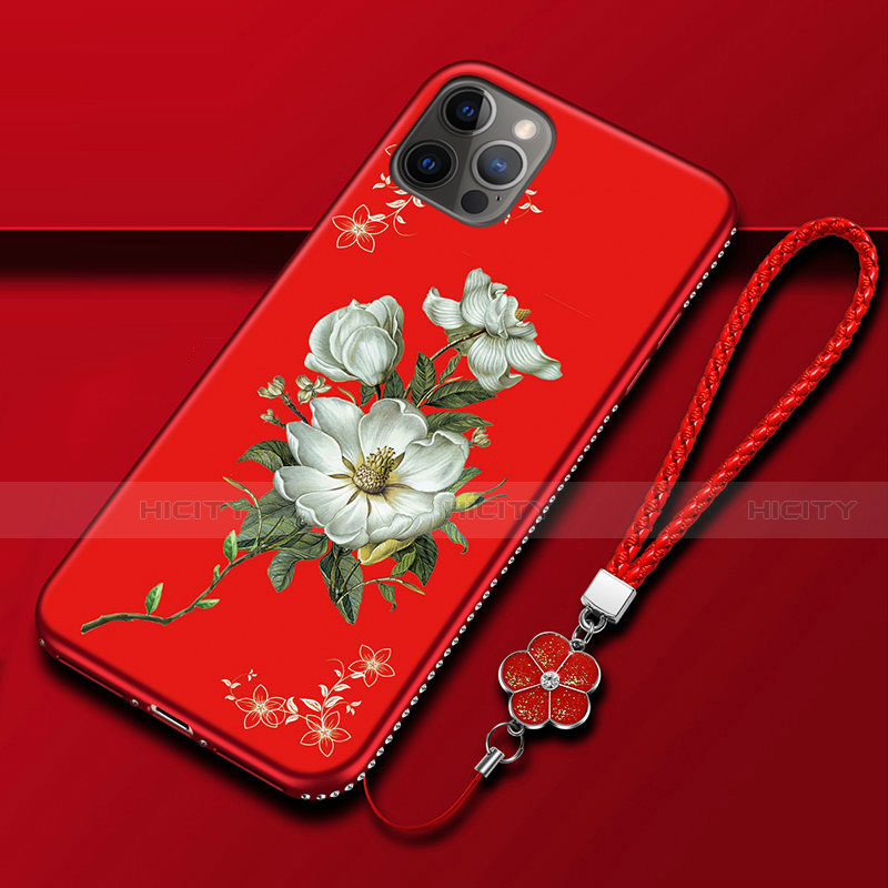 Funda Silicona Gel Goma Flores Carcasa para Apple iPhone 12 Pro Rojo
