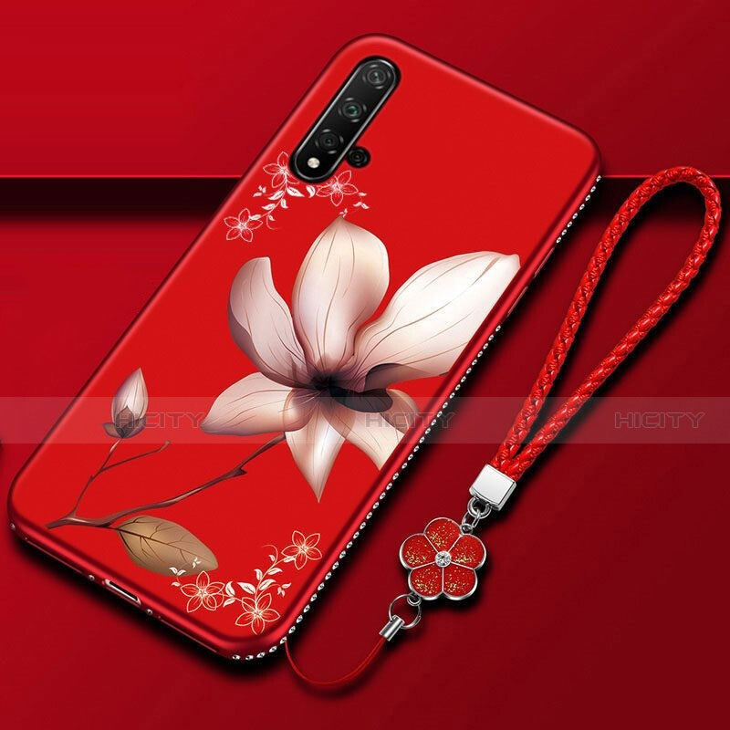 Funda Silicona Gel Goma Flores Carcasa para Huawei Nova 5 Pro Rojo Rosa
