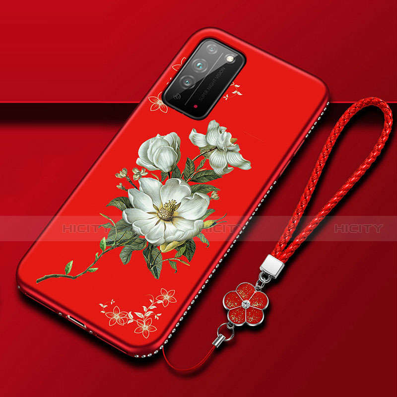 Funda Silicona Gel Goma Flores Carcasa S02 para Huawei Honor X10 5G Rojo