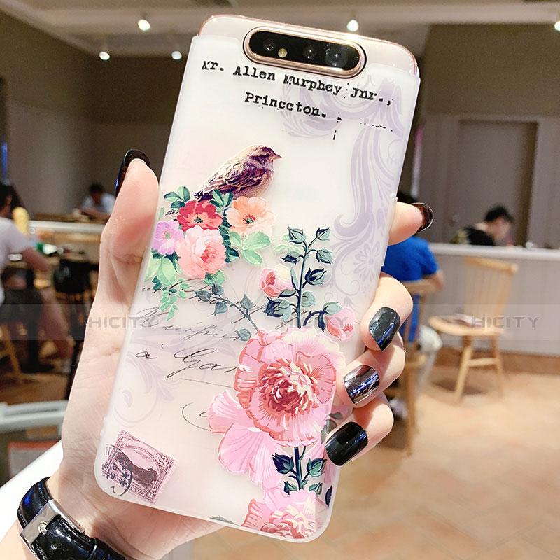 Funda Silicona Gel Goma Flores Carcasa S02 para Samsung Galaxy A80 Oro Rosa