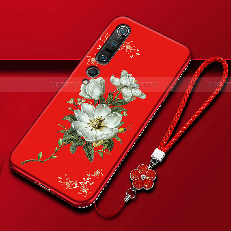 Funda Silicona Gel Goma Flores Carcasa S02 para Xiaomi Mi 10 Pro Rojo