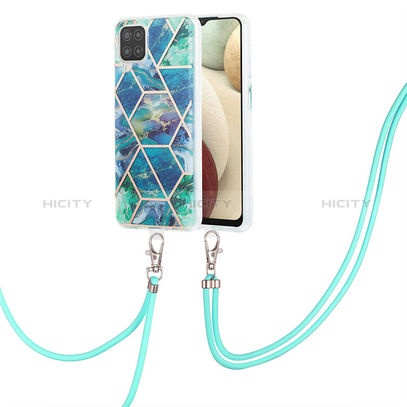 Funda Silicona Gel Goma Patron de Moda Carcasa con Acollador Cordon Lanyard Y01B para Samsung Galaxy A12 Nacho Verde Noche