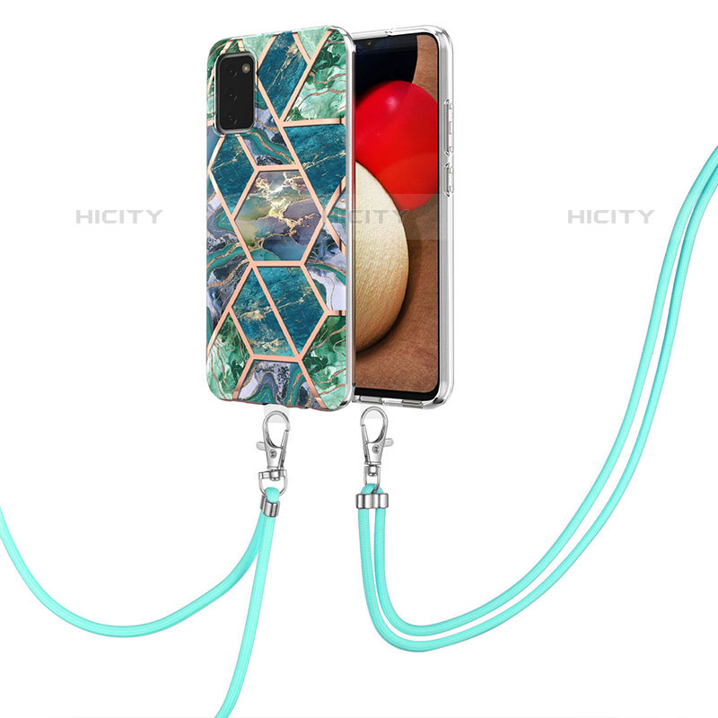 Funda Silicona Gel Goma Patron de Moda Carcasa con Acollador Cordon Lanyard Y01B para Samsung Galaxy M02s Verde Noche