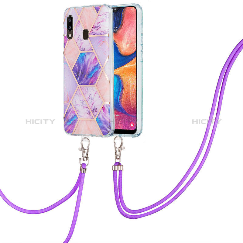 Funda Silicona Gel Goma Patron de Moda Carcasa con Acollador Cordon Lanyard Y01B para Samsung Galaxy M10S Purpura Claro