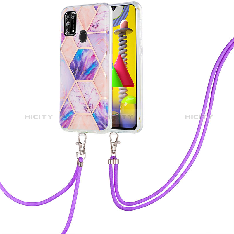 Funda Silicona Gel Goma Patron de Moda Carcasa con Acollador Cordon Lanyard Y01B para Samsung Galaxy M21s