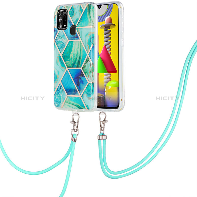 Funda Silicona Gel Goma Patron de Moda Carcasa con Acollador Cordon Lanyard Y01B para Samsung Galaxy M21s Verde