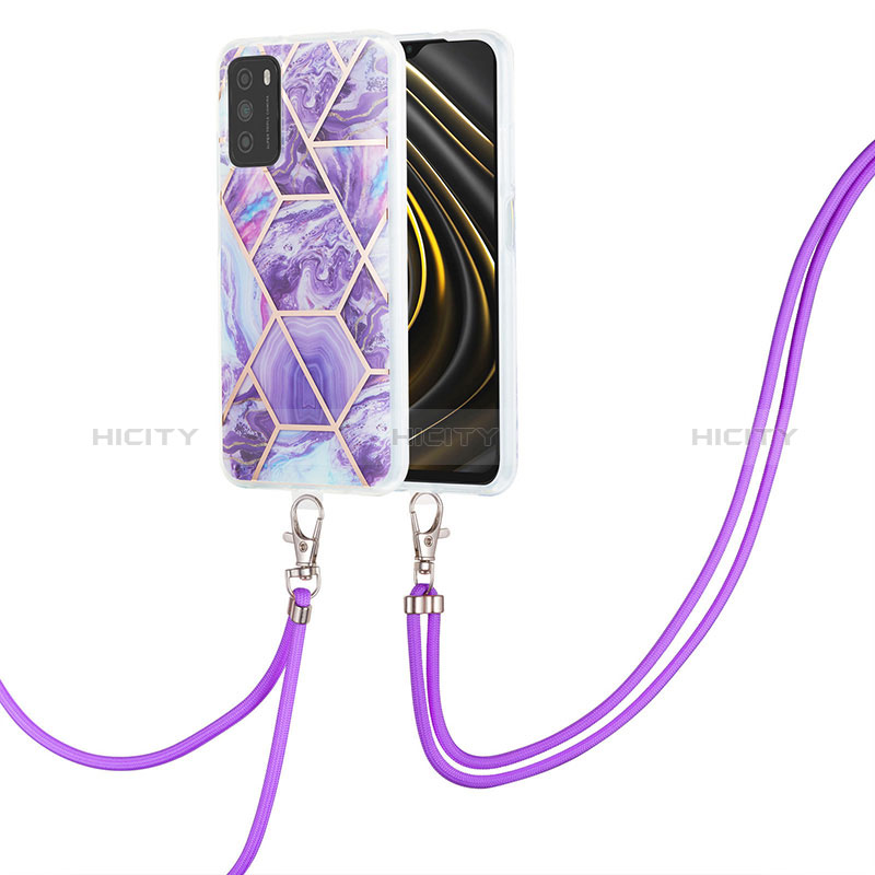 Funda Silicona Gel Goma Patron de Moda Carcasa con Acollador Cordon Lanyard Y01B para Xiaomi Poco M3 Morado