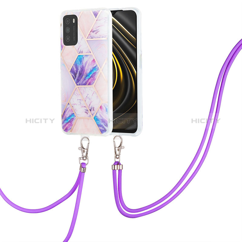 Funda Silicona Gel Goma Patron de Moda Carcasa con Acollador Cordon Lanyard Y01B para Xiaomi Poco M3 Purpura Claro