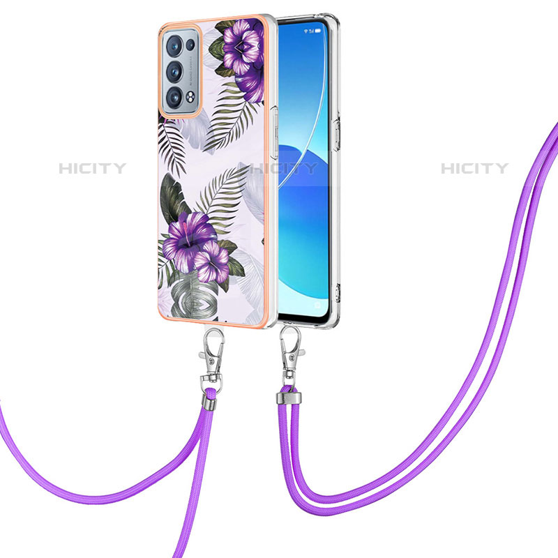 Funda Silicona Gel Goma Patron de Moda Carcasa con Acollador Cordon Lanyard Y03B para Oppo Reno6 Pro 5G Morado