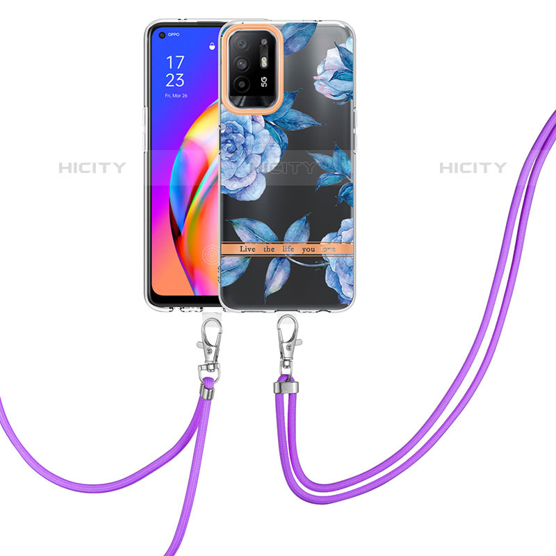 Funda Silicona Gel Goma Patron de Moda Carcasa con Acollador Cordon Lanyard Y06B para Oppo F19 Pro+ Plus 5G Azul