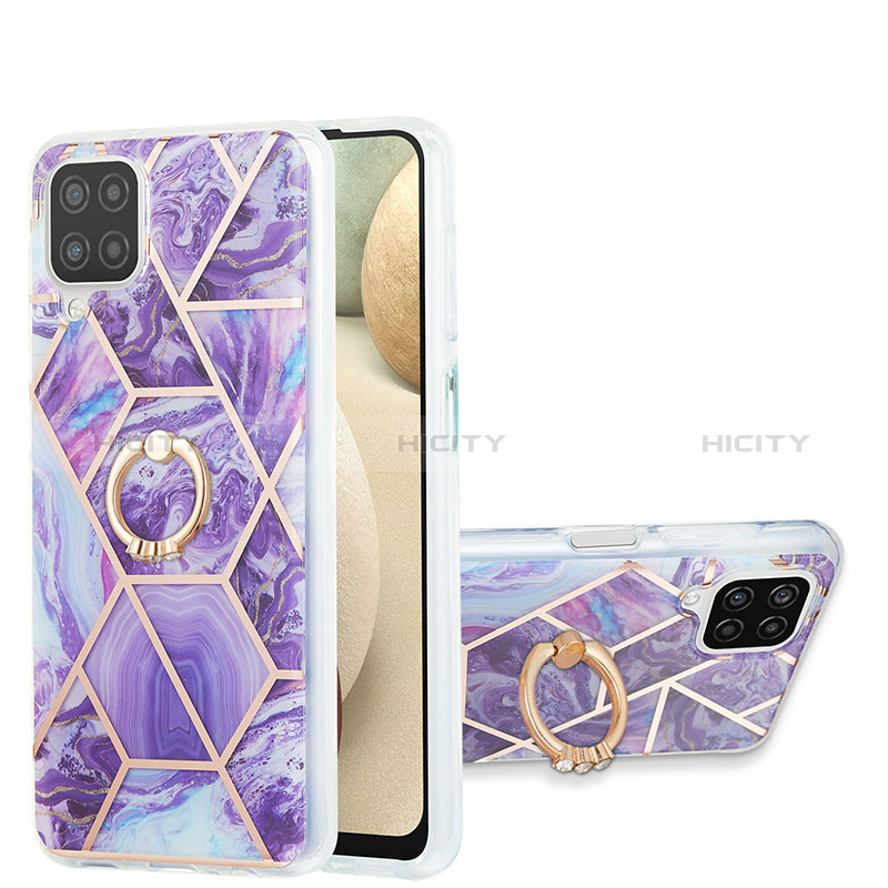 Funda Silicona Gel Goma Patron de Moda Carcasa con Anillo de dedo Soporte Y01B para Samsung Galaxy A12 Morado