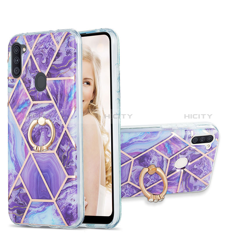 Funda Silicona Gel Goma Patron de Moda Carcasa con Anillo de dedo Soporte Y01B para Samsung Galaxy M11 Morado