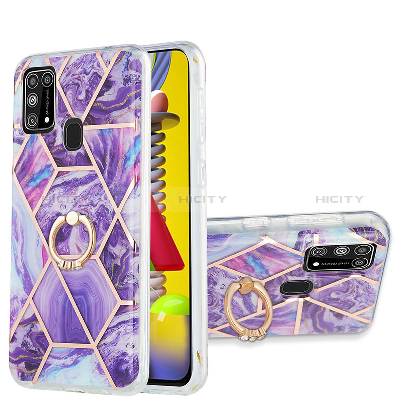 Funda Silicona Gel Goma Patron de Moda Carcasa con Anillo de dedo Soporte Y01B para Samsung Galaxy M31 Morado