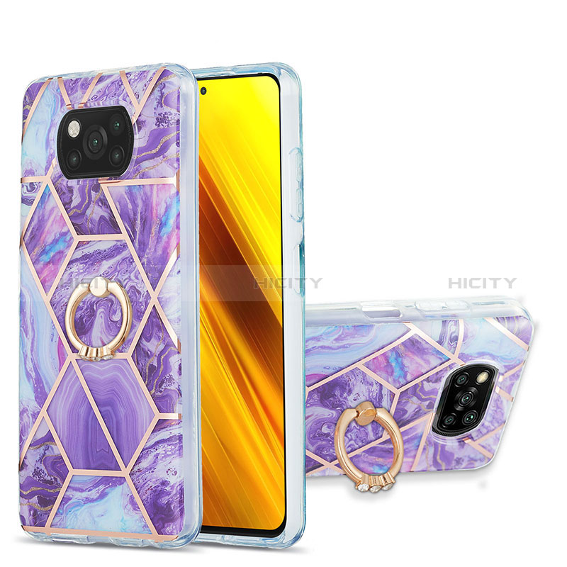 Funda Silicona Gel Goma Patron de Moda Carcasa con Anillo de dedo Soporte Y01B para Xiaomi Poco X3 NFC Morado